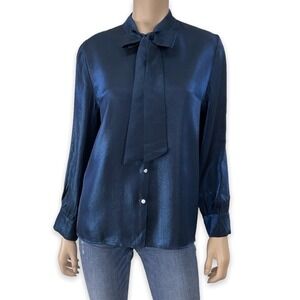 Yitian Peng Blouse Women Small Button Down Blue Long Sleeve Metallic Shimmer NWT